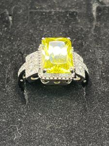 Size 10 Faceted Emerald Cut Yellow Citrine Ring