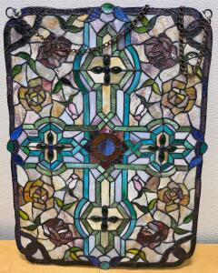 Vintage Tiffany-Style Stained Glass Hanging Panel, 23.5" x 18", Floral Motif, Decorative Chain