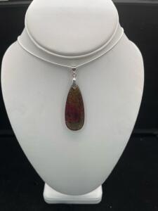 Green/Peach Dragon Veins Agate Teardrop Pendant .925 Necklace