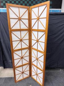 2-Panel Folding Room Divider, Light Wood Frame with White Panels, Geometric Lattice Design