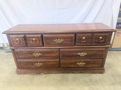 7-Drawer Traditional Wooden Dresser, Dark Brown, Brass Hardware, Approx. 60"x18"x32"
