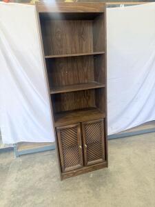Tall Walnut Laminate Bookshelf with Chevron Cabinet Doors, 4 Shelves, 72"x24"x12"