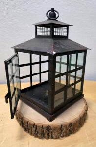 Metal Glass Lantern with Door & Hanging Ring, 8"x8"x12.5"; Natural Wood Slice 10"x2" Display Base