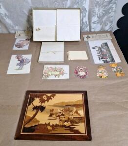 (1) 11" x 9" Wooden Inlaid Artwork From Italy & Assorted Retro Stationery