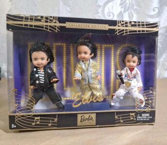 (1) Mattel Barbie / 2003 Barbie Collector Edition Set W/ Three Tommy Dolls Dressed As Elvis Presley