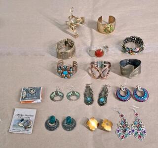 (8) Vintage Metallic Cuff Bracelets & (8) Pair Of Earrings