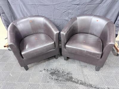 Pair of Dark Brown Faux Leather Barrel Chairs with Tapered Legs