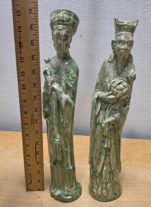 Pair of 15" Chinese Sage Figurines Green Celadon Glaze Ceramic Statues, Vintage China