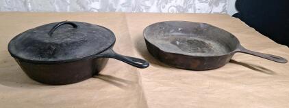 (1) Vintage Lodge 10" Cast Iron Deep Skillet W/ Lif & (1) Vintage Unmarked 12" Cast Iron Skillet <br/>