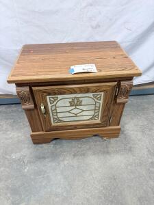 Vintage Oak Nightstand with Frosted Glass Cabinet Door and Brass Hardware
