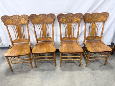 Set of 4 Antique Pressed Back Oak Dining Chairs, Victorian Style, Ornate Carved Backs, 41" Tall