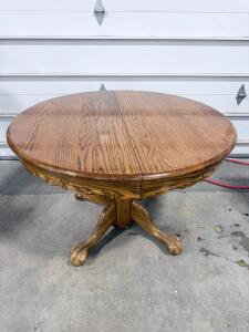 Round Oak Pedestal Dining Table, 48" Diameter, Carved Skirt, Claw Feet, Seats 4