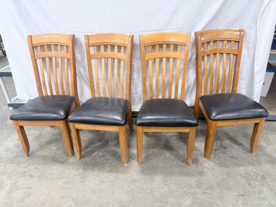 Set of 4 Wooden Slat-Back Dining Chairs with Black Faux Leather Seats, 39" Tall