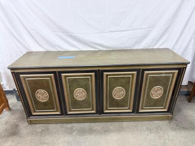 Vintage Mid-Century Modern Credenza with Decorative Medallion Doors, Black and Gold Finish