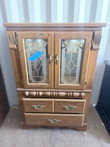 Medium Oak Glass Front Display Cabinet with Shelves & 4 Drawers, Ornate Brass Handles