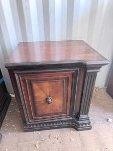 Traditional Wooden End Table with Door, Ornate Trim, Dark Brown Finish, Approx. 26"x20"x26"