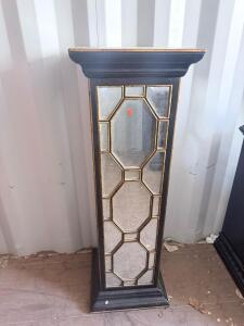 Mirrored Pedestal Stand with Gold Geometric Trim, Black Wood Base, Approx 36"x12", Hollywood Regency