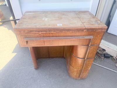 Vintage Art Deco Wooden Vanity with Curved Side Cabinet and Large Wood Handle