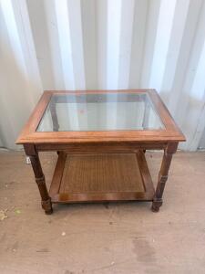 Vintage Glass Top Wood Side Table, Cane Shelf, Turned Legs, 24"x20"x20", Brown Finish