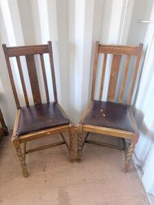 Pair Vintage Oak Dining Chairs, Barley Twist Legs, Leatherette Seat, Ladder Back, c. 1930-50s