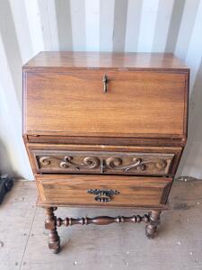 Vintage Drop-Front Secretary Desk, 2 Drawers, Carved Wood, c. 1940-1970, Medium Brown Finish
