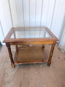 Wooden Glass-Top End Table with Rattan Shelf