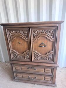 Vintage Ornate Wooden Armoire, Mediterranean Style, 2 Doors, 2 Drawers, Carved Details, 54"x40"