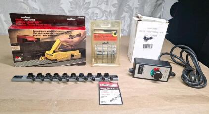 (1) Sears Craftsman - Guide Master Router Table Push Shoe, (1) Craftsman 5-Piece Router Template Guide Bushing Kit, (1) Router Speed Control Dial & (1) Router Bit Locker Rack