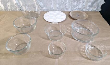 (3) Anchor Glass Mixing Bowls, (2) Pyrex Bowls, (2) Unbranded Glass Bowls, (1) Ceramic Deviled Egg Plate & (2) Glass Plates