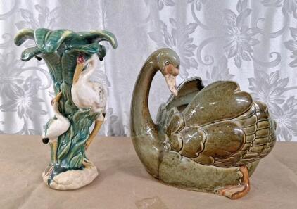 (1) 12" Majolica Style Vase W/ Cranes & (1) Vintage Pottery Swan Planter