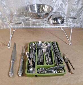 Lot Of Assorted Stainless Steel Silverware, (3) Strainers & (1) Coated Wire Rack