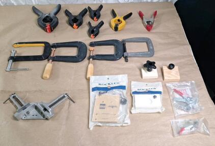 (1) 90&deg; Corner Clamp, (4) C-Clamps, (6) Spring Clamps, (2) Rockler Brand Hinge Jigs, (2) Good Hand Toggle Clamps & (2) T-Slot Stop Blocks