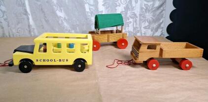 (3) Vintage Handcrafted Wooden Pull Toys, (1) School Bus, (1) Truck & (1) Coverd Wagon