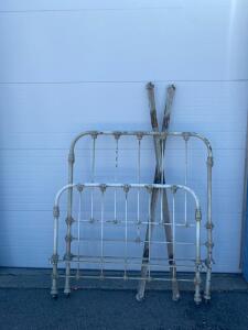 Antique Victorian Iron Bed Frame, Full Size, Ornate Floral Cast Accents, Rails & Casters Included