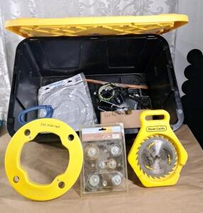 (1) 100-Foot Fish Tape, (1) 6-Piece Wire Wheel Brush Set, (1) Circular Saw Blade Caddy & (1) 27-Gallon Storage Bin W/ Assorted Household Hardware