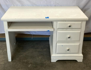 White Wooden Office Desk with 3 Drawers and Sliding Keyboard Tray, Approx. 47" Wide. Please inspect in person