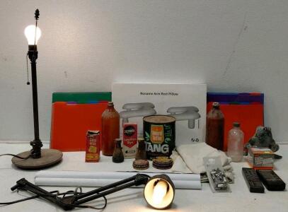 Mixed Household Lot: 2 Lamps (Both Turn On) Vintage TANG Can, Kiwi Tins, Arm Rest Pillow, Office Supplies & More