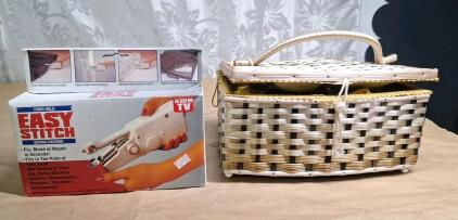 (1) Sewing Basket W/ Assorted Sewing Tools & Supplies & (1) Hand Held Ez-Stich Sewing Machine