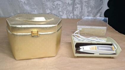 (1) Sewing Basket W/ Assorted Sewing Tools & Supplies & (1) Pair Of Vintage Sears Electric Scissors