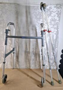(1) Rolling Foldable Walker & (1) Pair Of Crutches