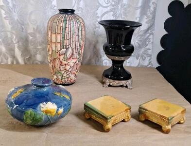(1) Ceramic Oil Candle, (2) Decorative Ceramic Stands & (2) Decorative Lamp Bases