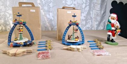 (2) Vintage Handcrafted Christmas Candle Carousels & (1) Vintage Handcrafted Wooden Santa Claus Incense Smoker