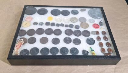 (1) 16" x 12" Glass Top Dislay Case W/ (52) Assorted Vintage Buttons