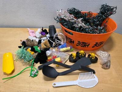 Mixed Lot: Kitchen Utensils, Plush Toys, String Lights, Halloween Tub And More