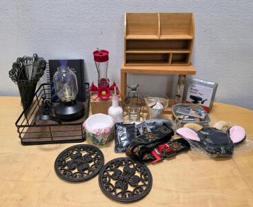 Mixed Home & Decor Lot: Bamboo Organizer, Heater Fan, Ernie Ball Strap And More