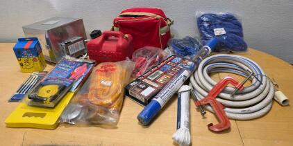 Mixed Automotive Utility Emergency Kit Tools, Gas Can, Tow Rope, Battery Charger, C-Clamps And More