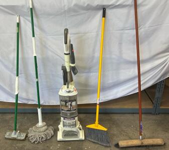 Cleaning supply kit:SHARK NV358 Navigator Lift away vacuum(tested), push broom, brooms Mop and Squeegee.