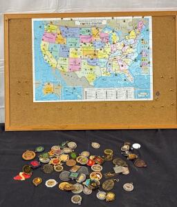Cork board W/ MILTON BRADLEY Map of The United States (30inLx20inW). Location charms, such as different states or countries.(EST.60) See photo for more details.
