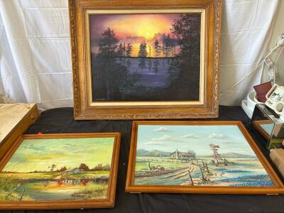 3 Framed Original Landscape Paintings &ndash; Oil on Canvas, Wood Frames. Largest (30.25inx36.25in) Smaller( 20.5inx26.5in) smallest (18.25inx22.5in)