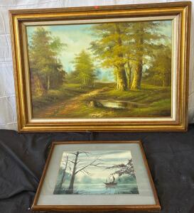 Framed Woodland Landscape Painting, Oil/Acrylic on Canvas, Gold-Tone Frame(31.5inW 33.5inL), Framed &ldquo;Days End&rdquo; Landscape Painting, Water color, on DeArches Paper.(16.75inWx22inL)